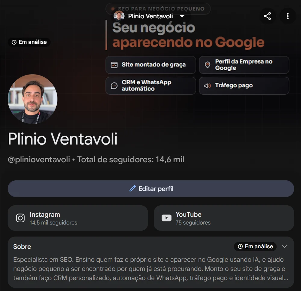 Perfil na Pesquisa de Plinio Ventavoli com capa, foto, total de 14,6 mil seguidores, Instagram, YouTube e a bio