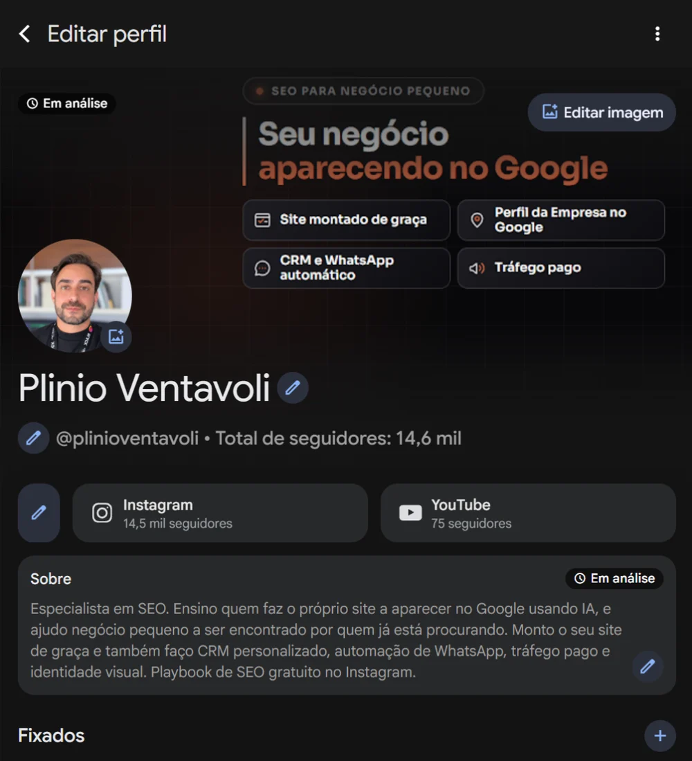 Tela Editar perfil do Google com o botão Editar imagem na capa, o ícone de trocar a foto, os lápis de nome e @ e a bio em análise