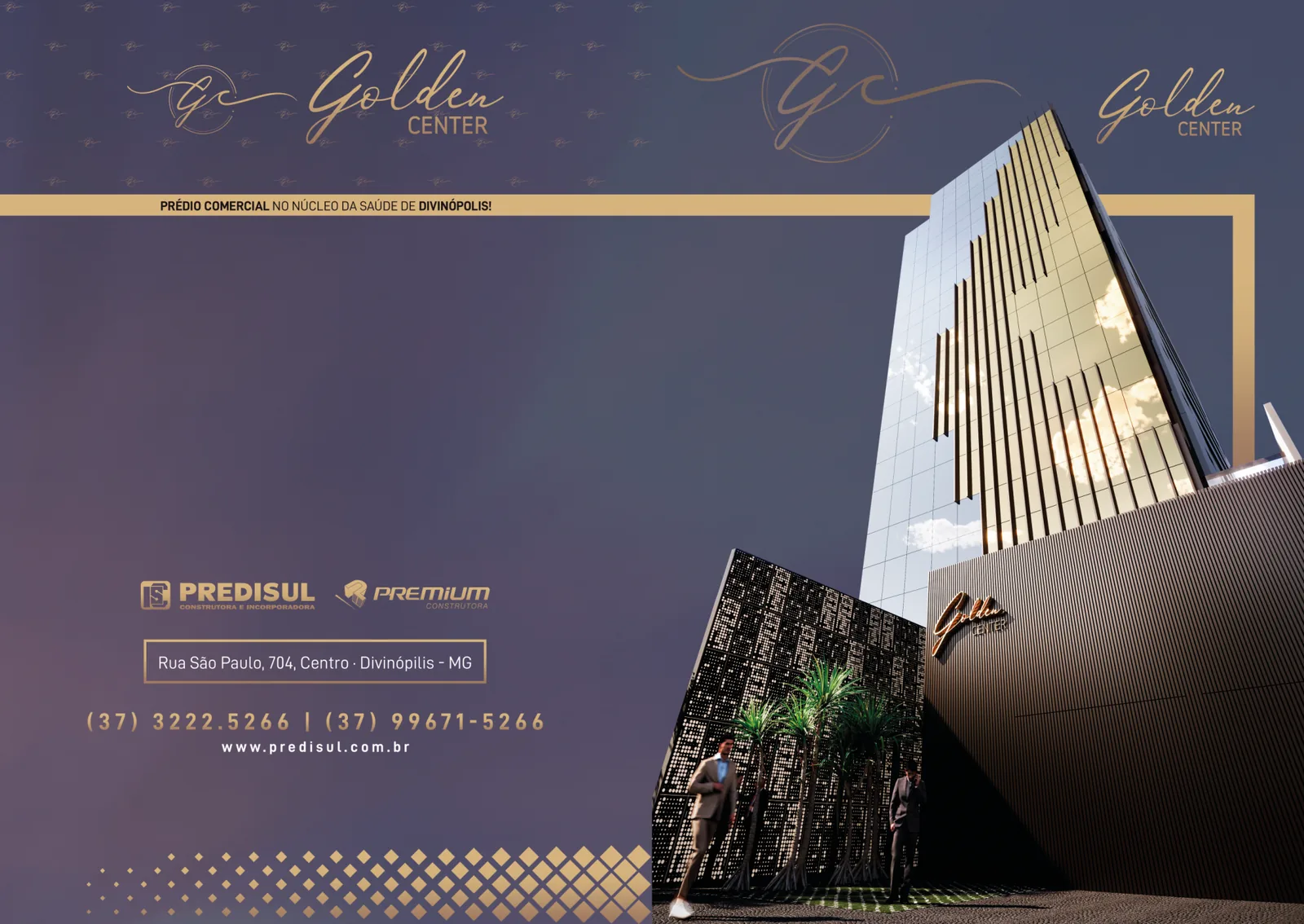 Arte externa da pasta de contrato do Golden Center, com o prédio e a marca em dourado