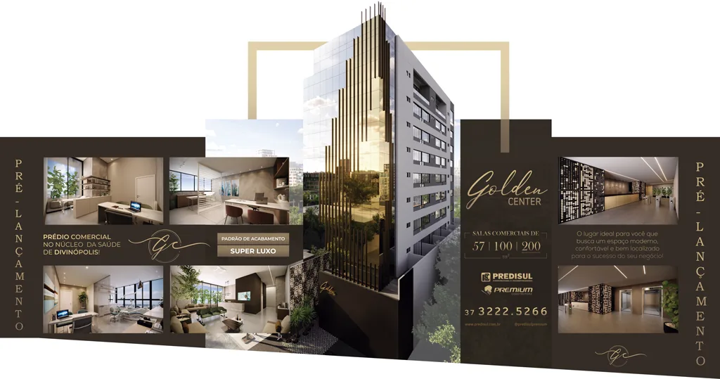 Arte do tapume do Golden Center, com o prédio, a marca e o telefone