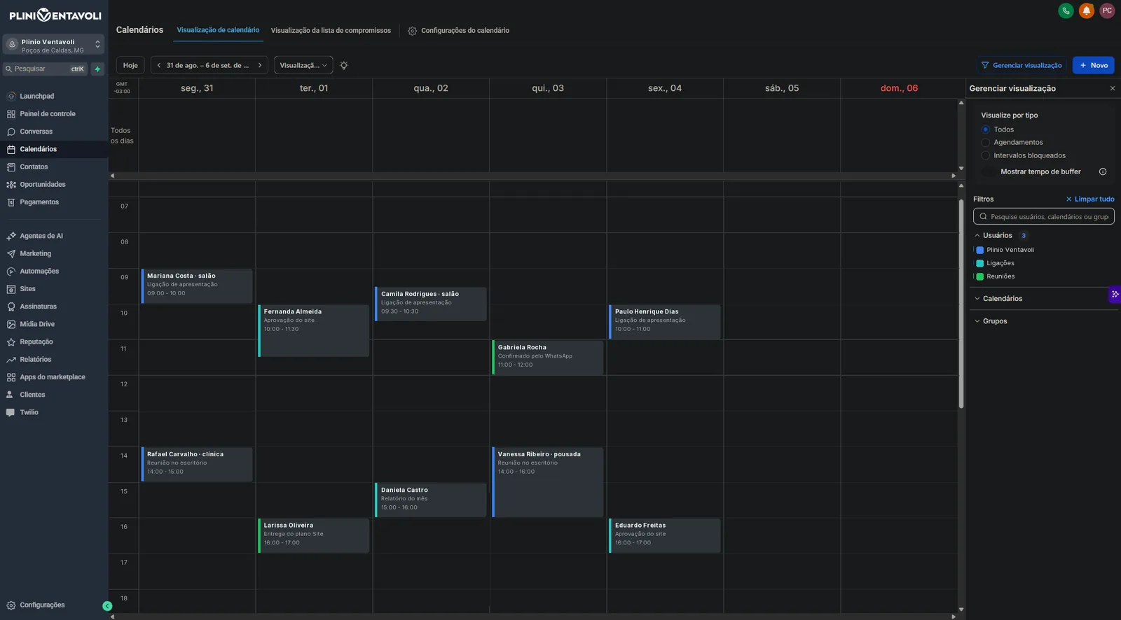 Agenda do CRM com a semana preenchida: ligações de apresentação, reuniões e entregas marcadas pelo WhatsApp