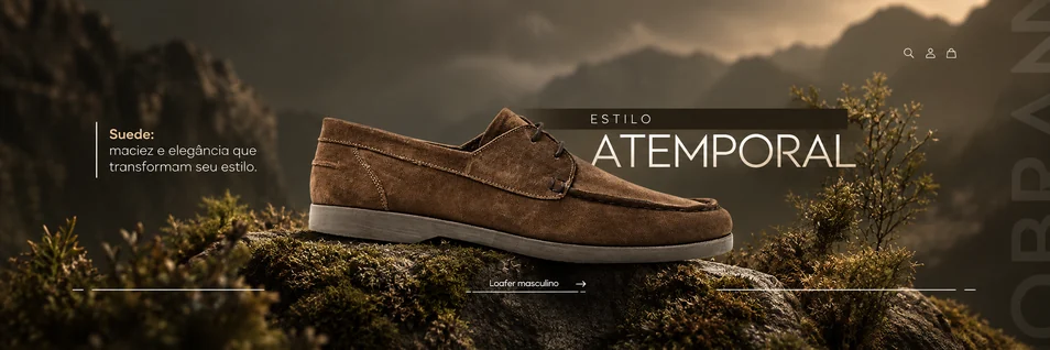 Faixa de campanha de calçado masculino em camurça, com o tema estilo atemporal