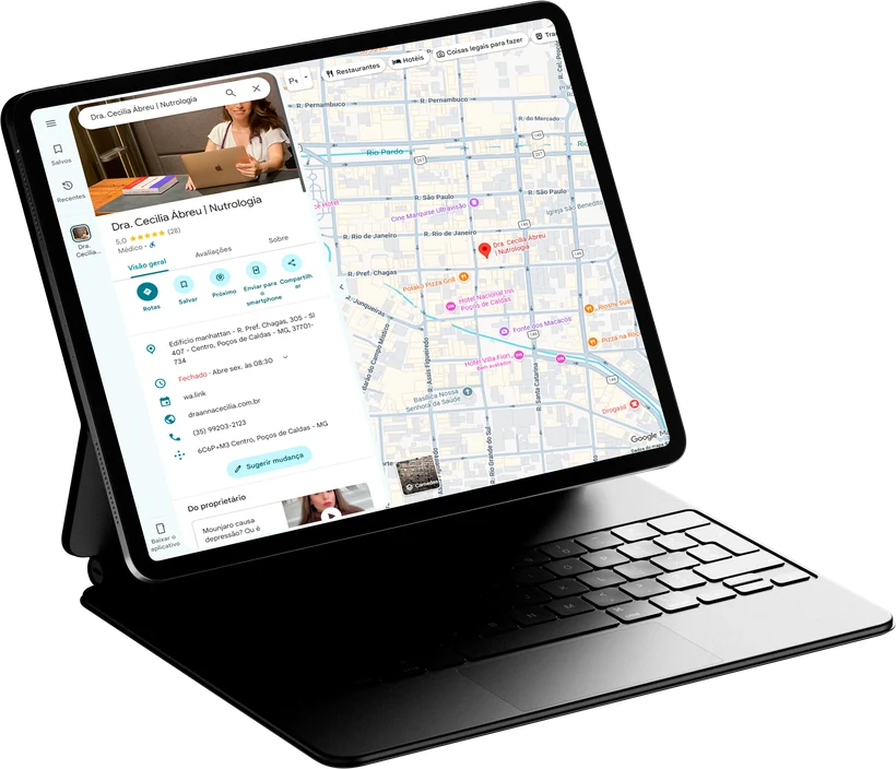 Exemplo do plano Site + Perfil no Google: site com mapa e Perfil da Empresa no Google