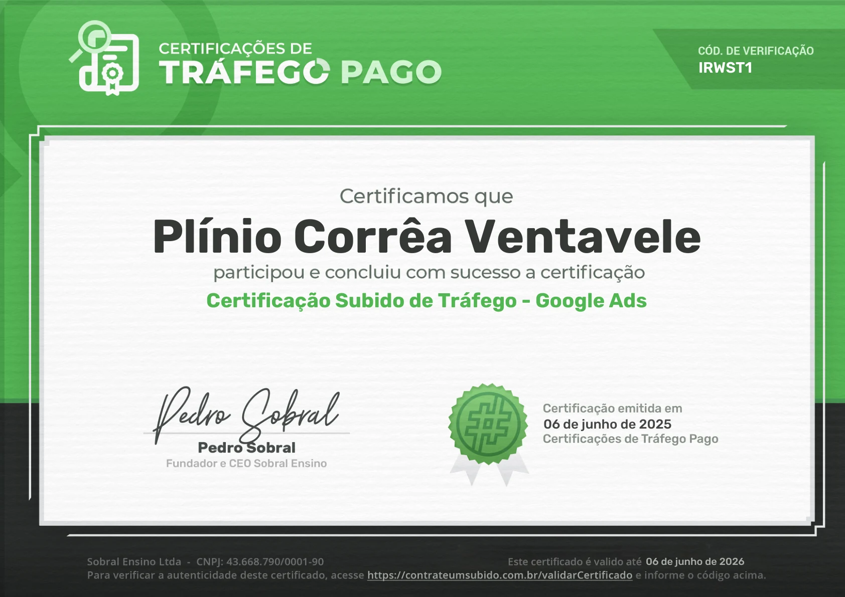 Certificação Subido de Tráfego em Google Ads de Plínio Corrêa Ventavele